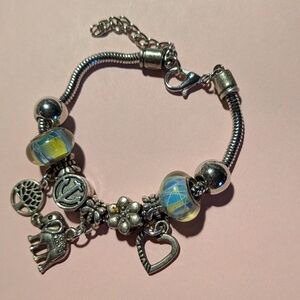 Silver Metal Charm Bracelet with Blue Green Accent Beads Elephant  Tree Heart